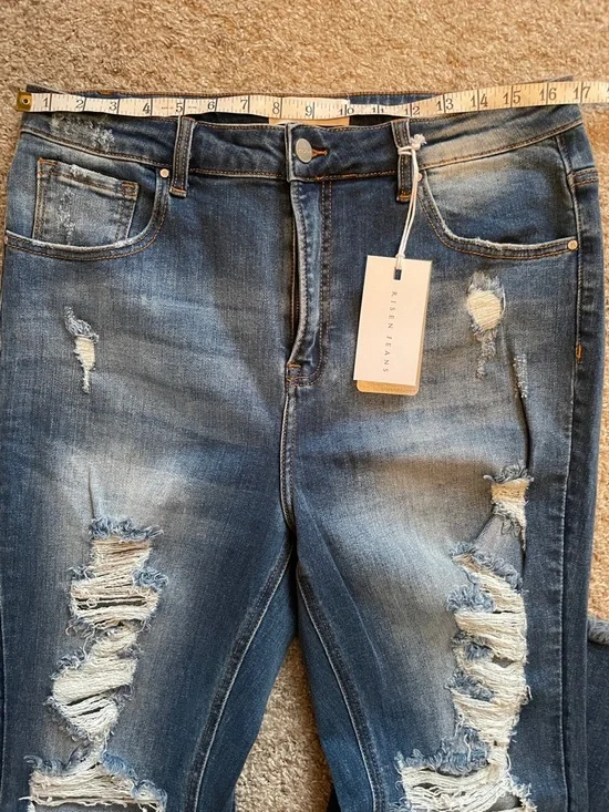 Risen Women's Distressed Flare Jeans in Medium Blue, 1XL - Picture 5 of 9